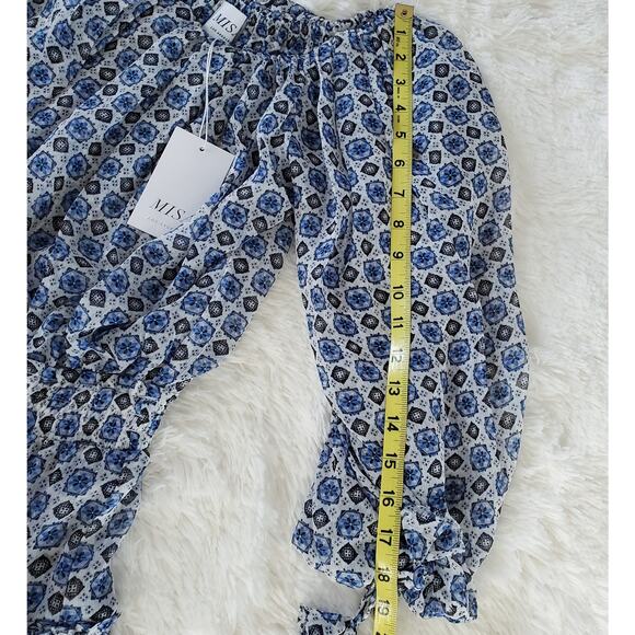 Misa LA Zonia Blue/White Geometric Off-Shoulder Chiffon Mini Dress XS - Picture 11 of 14